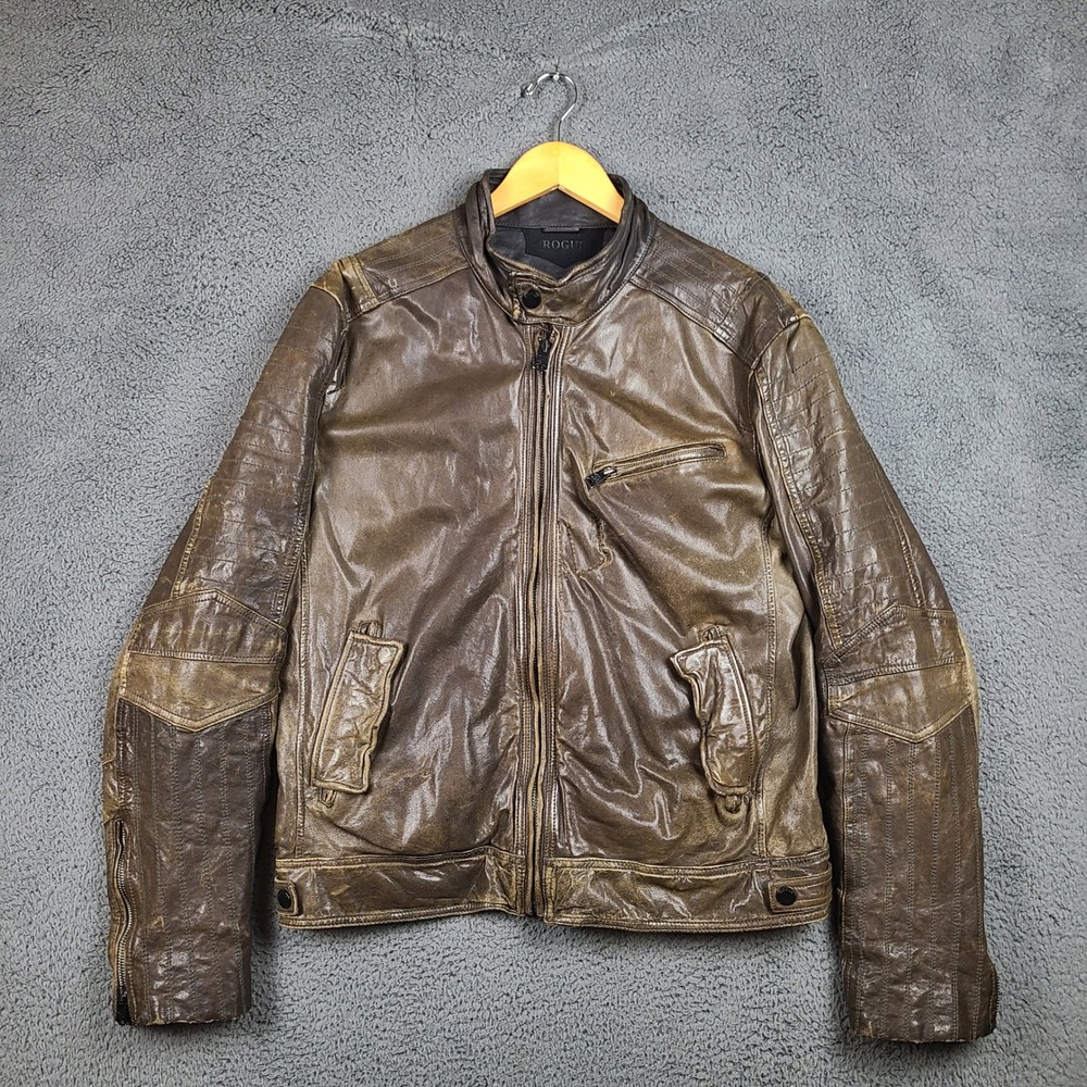 Rogue Mens Brown Distressed Leather Cafe Racer Moto Jacket Size Large L/G